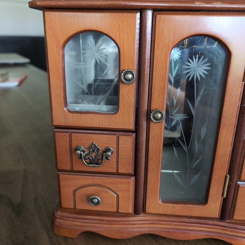 Vintage Jewelry Armoire Organizer Etched Glass Floral Wood Chest Velvet Mirrored